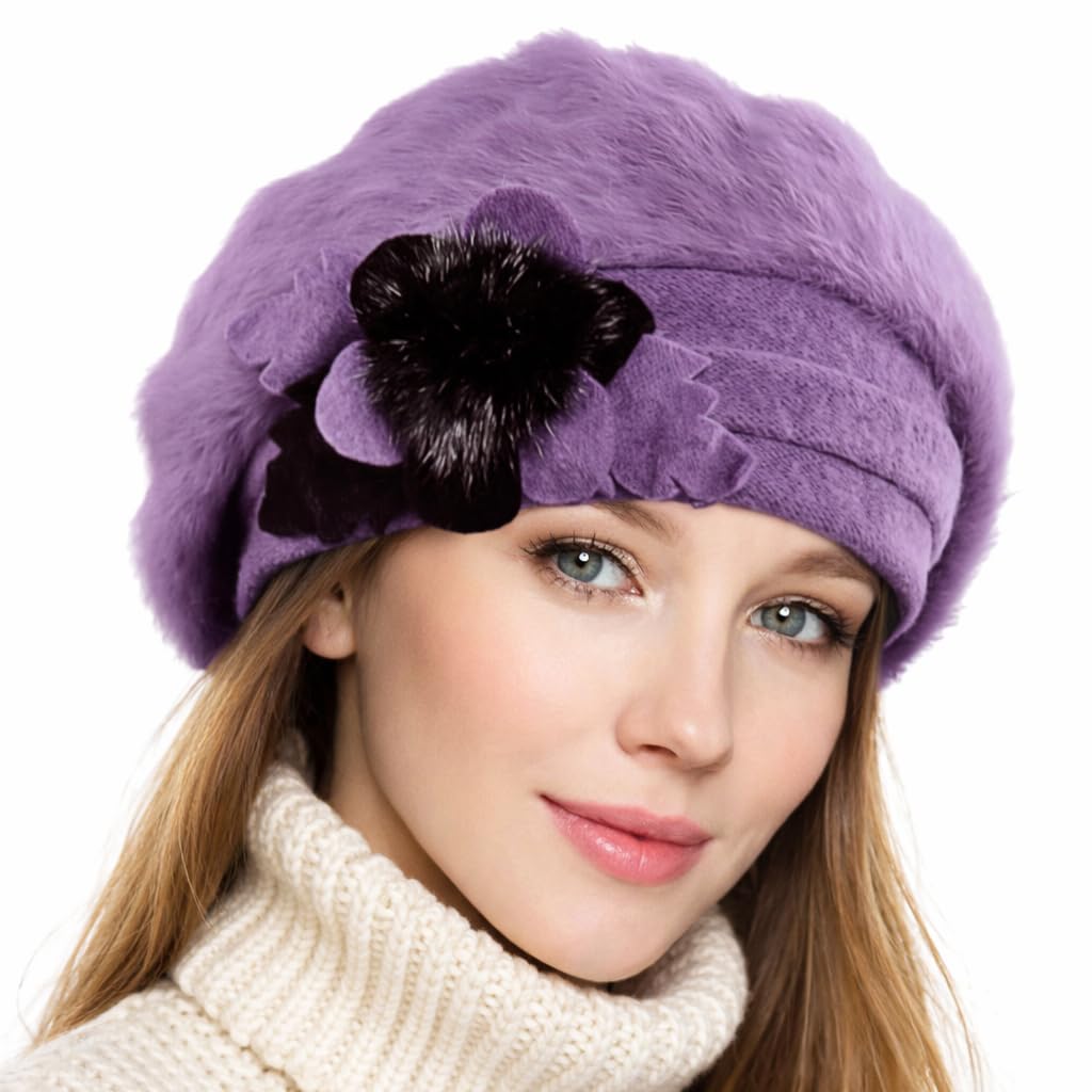 VECRY Lady French Beret 100% Wool Beret Floral Dress Beanie Winter Hat (Angola-Purple)