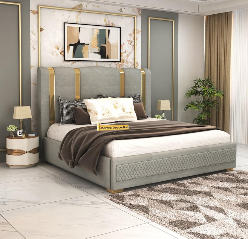 Image of MAMTA DECORATION Solid Wood Queen Size Bed for Bedroom with Box Storage | Premium Velvet Upholstered Tufted Headboard | Modern Double Cot Bed for Home, Hotels & Guest Room | Grey Finish