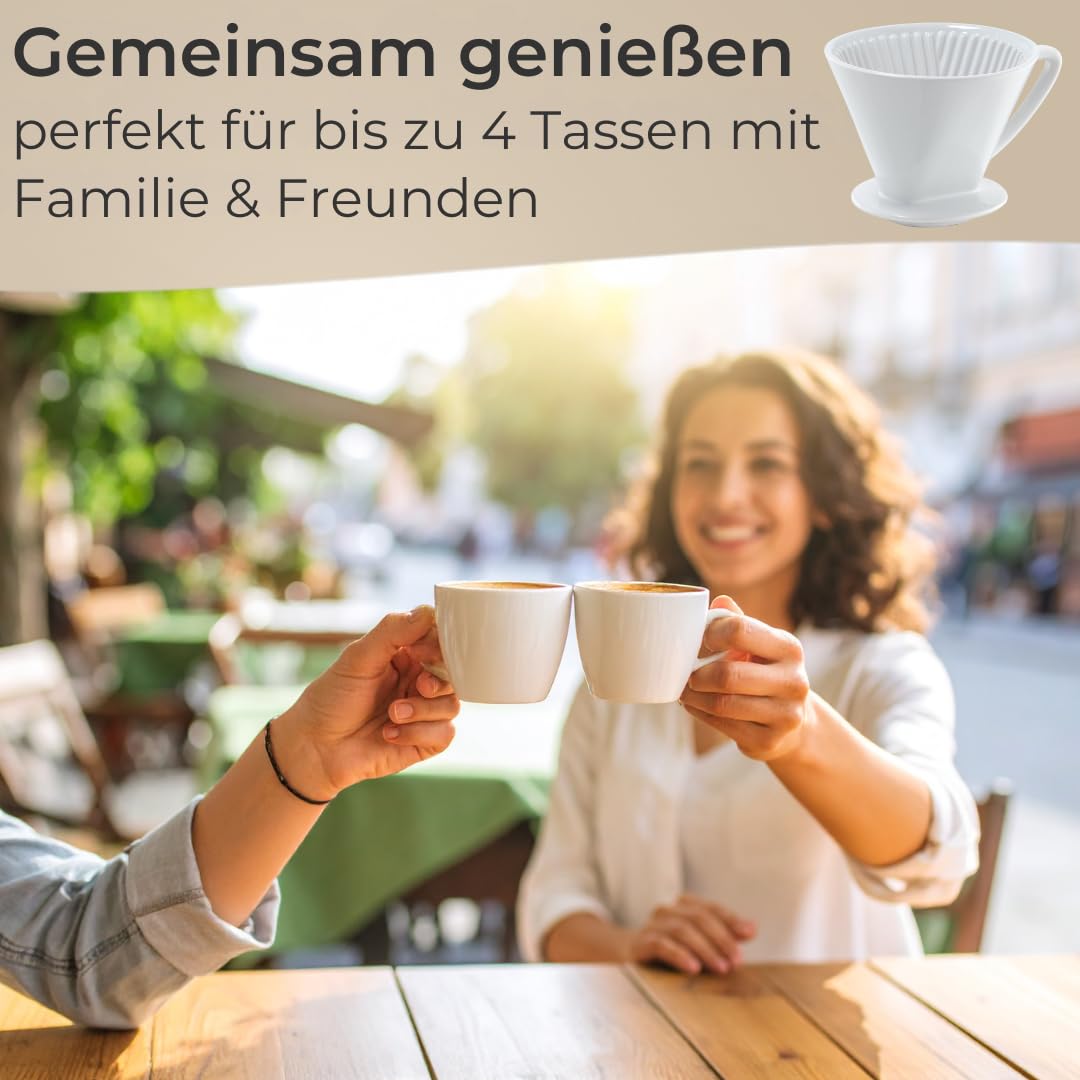 Porzellan Kaffeefilterhalter Größe 4 – hochwertig - Handfilter in Weiß, Kaffeekanne, Dauer Pour Over für 1–4 Tassen, für aromatischen Filterkaffee, passend für Melitta Kaffeefilter Gr. 4