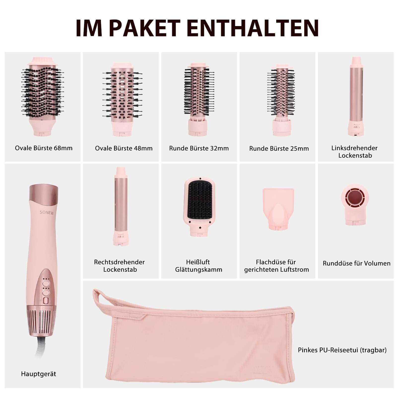 Sonew 9-in-1 Multi Hairstyler & Airstyler, 110.000 U/min Ionen-Haarstyler mit Föhn, 32-mm-Automatik-Lockenwalze, 68-mm/48-mm-Ovale-Warmluftbürste, 32-mm/25-mm-Rund-Warmluftbürste, Glättbürste