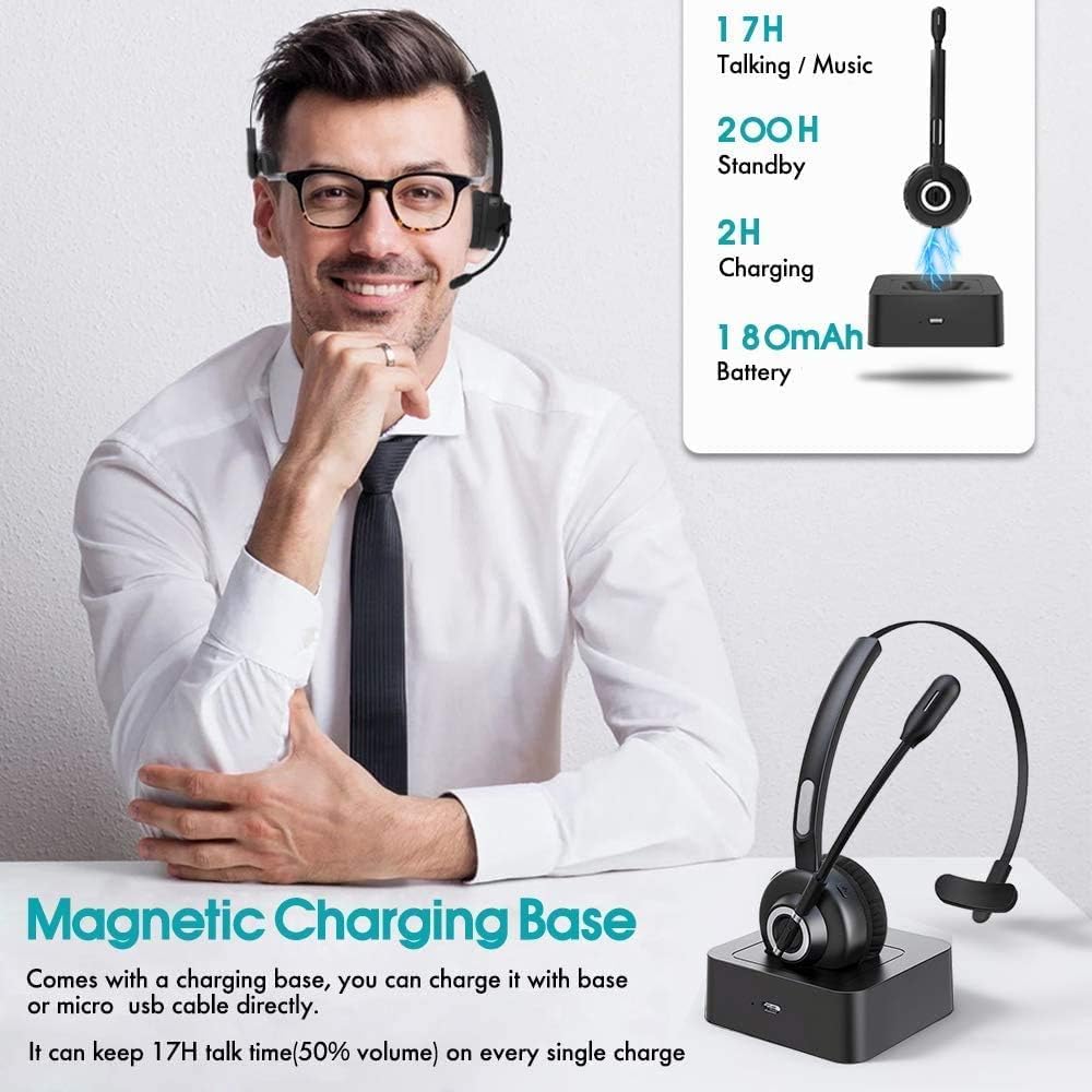 BIGFOX Auriculares Inalámbricos Bluetooth con Micrófono Mono Tipo Diadema - Auricular Inalámbrico para Teléfono Fijo con Base de Carga, Manos Libres, Cancelación de Ruido, Giro de 300°