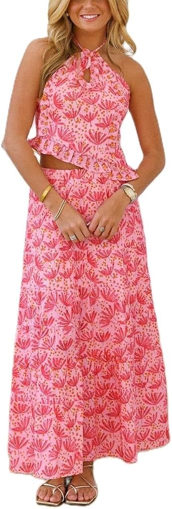 Women Y2k 2 Piece Maxi Skirt Set Boho Floral Slim Fit Tops Mesh Flowy Long Skirt Summer Beach Sheer Outfits