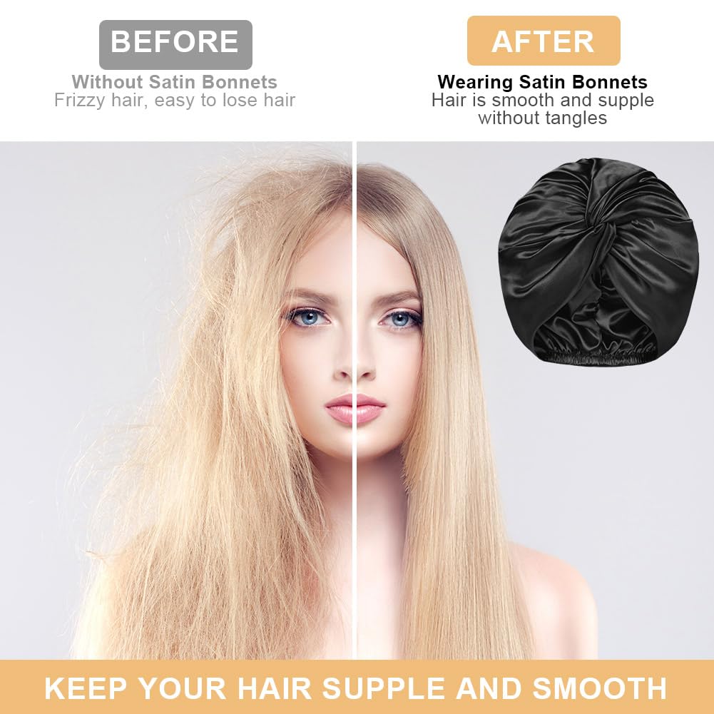 AOGOE Silk Hair Bonnet for Sleeping Double Layer Sleep Cap, Silk Sleep Cap with Elastic Bow, Night Sleep Cap - Image 3