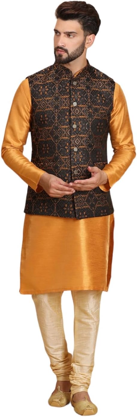 Ethluxis Men's Kurta Churidar Pyjama with Nehru Bandhgala Jacket