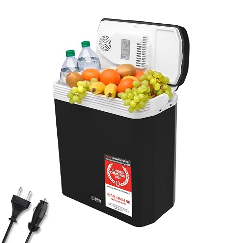 TZS First Austria - Kühlbox 24L elektrisch 12V 230V Anschluss für Auto & Steckdose - Thermoelektrische Cool Box kühlt & wärmt - Mini Kühlschrank mit Griff - Für Camping, Festivals, Reisen - Schwarz
