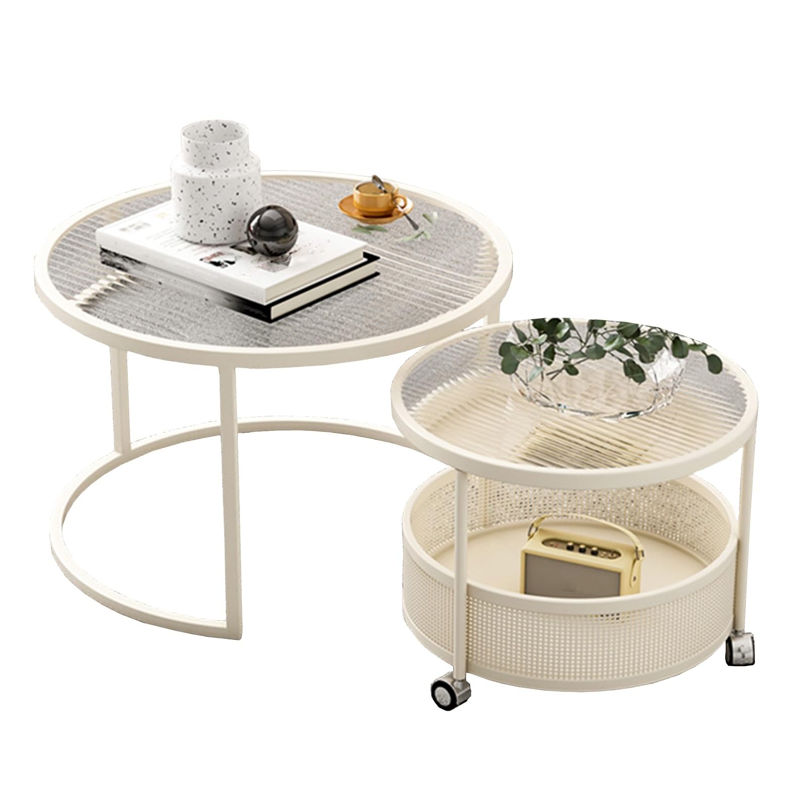 SXZenSpace Coffee Table Nesting White Set of 2, Movable Small Table, Stacking Side Tables, Carbon Steel Frame and Tempered Glass, Hollow Storage Design, Apartment(White)