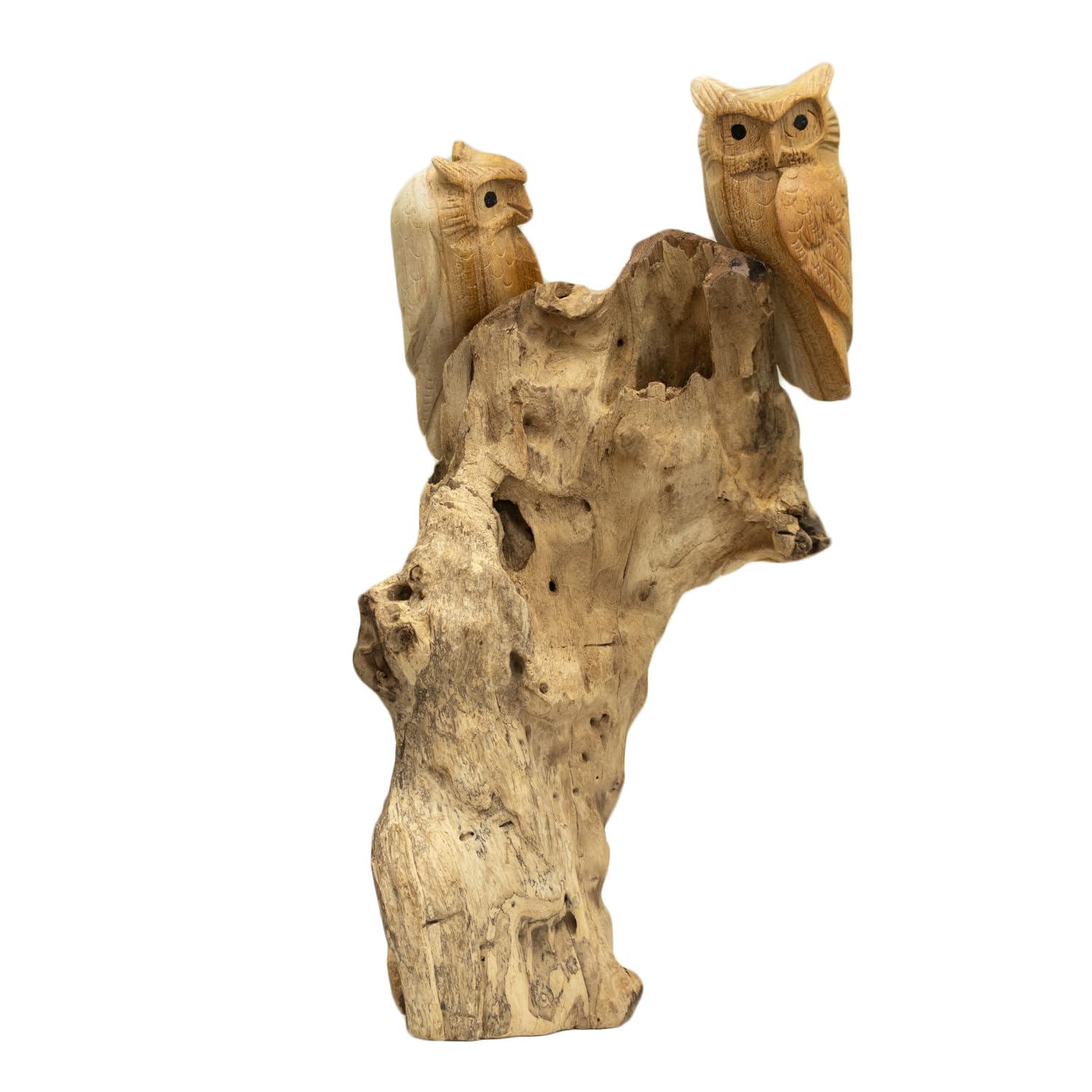 Darthome Hand Carved Teak Wood Tawny Owls Tree Sculpture, Natural Brown Rustic Finish, Freestanding Woodland Ornament, 27cm Height