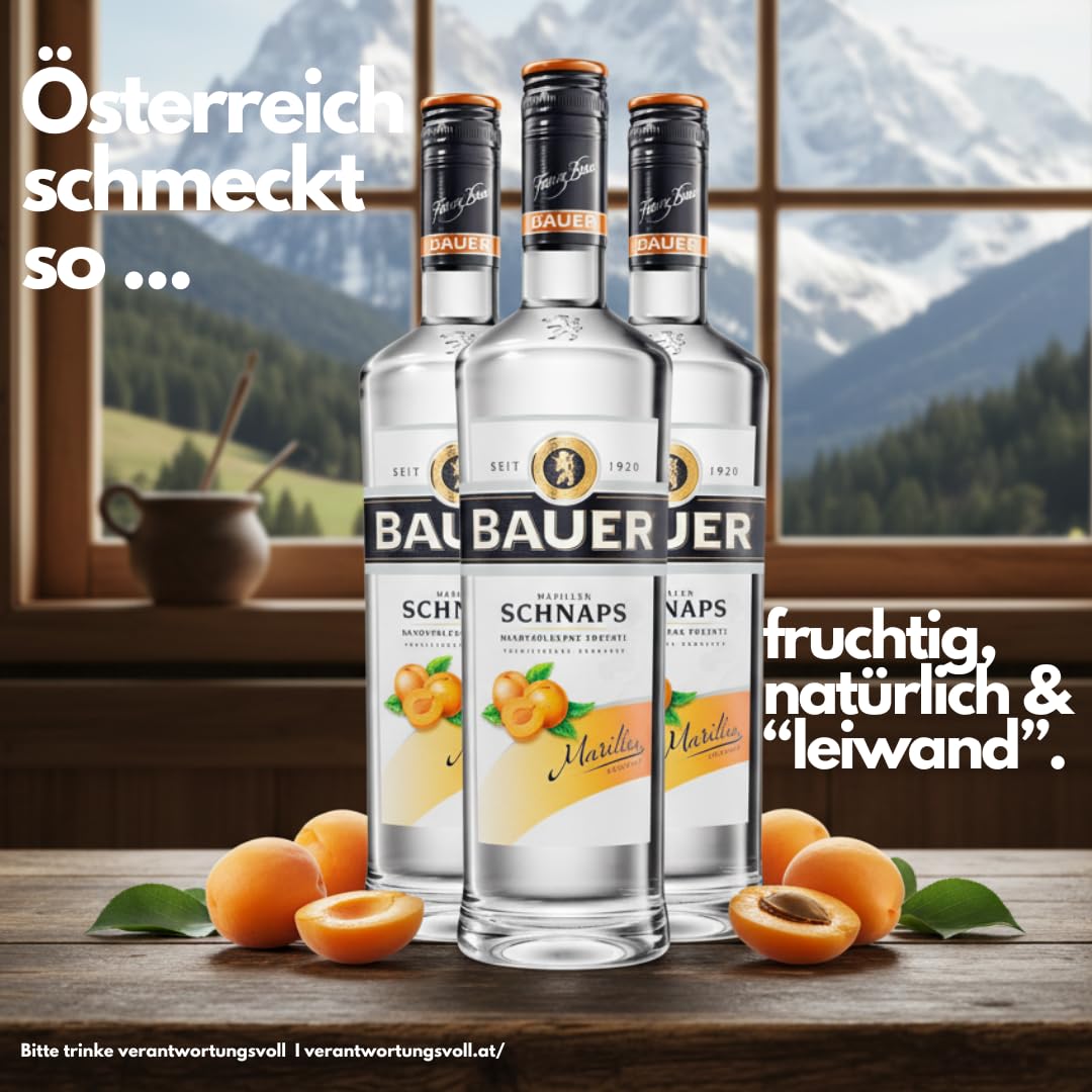 Bauer Marillenschnaps - Der Geschmack des Sommers in seiner schönsten Form - Obstbrände aus Österreich seit 1920 - Marillenbrand Geschenk Idee (3 x 1,0 L)