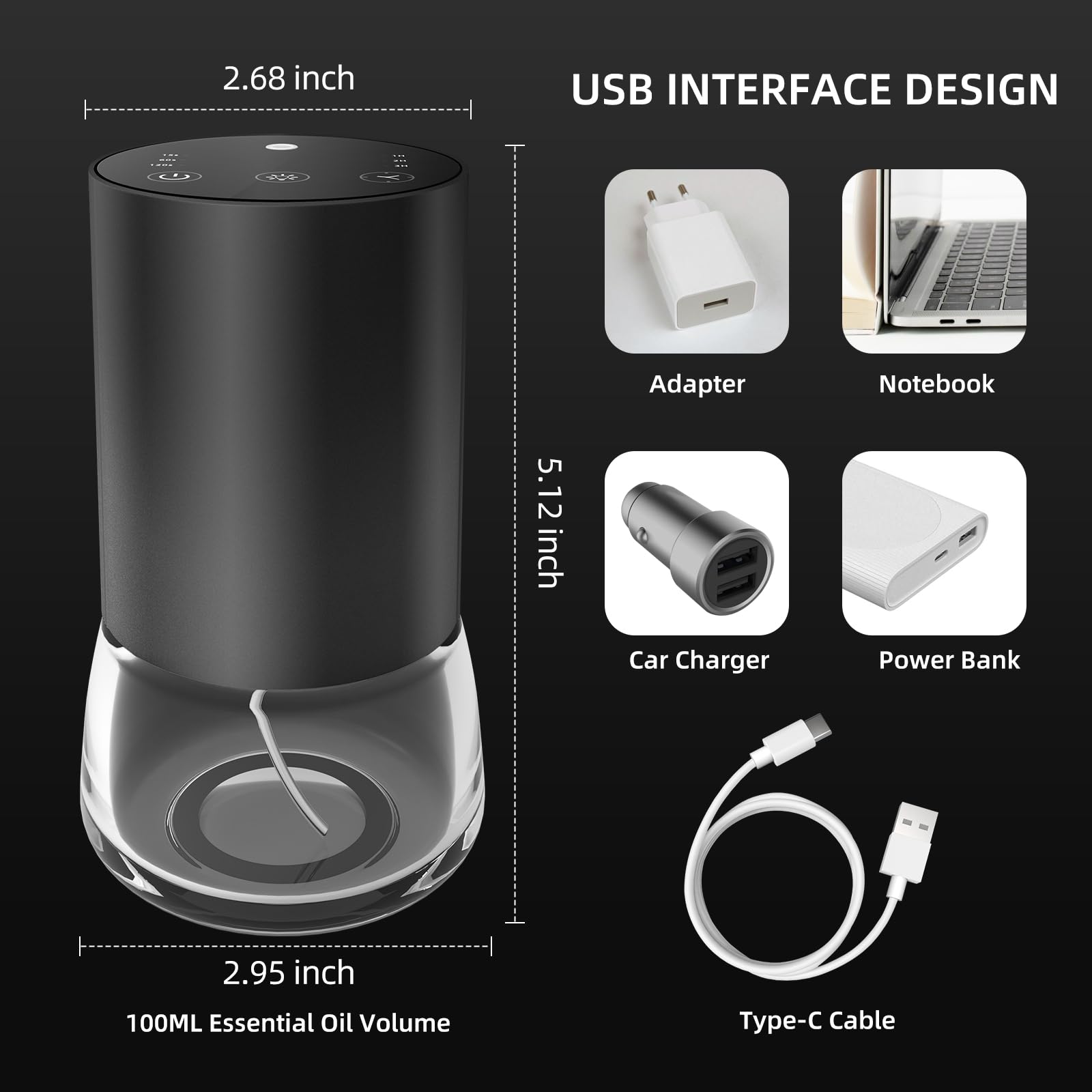 Diffusore senz'acqua grande da 100 ml per oli essenziali, diffusore di aromaterapia a batteria con timer e 3 livelli di nebulizzazione, luce LED a 7 colori, per ufficio, camera da letto, auto
