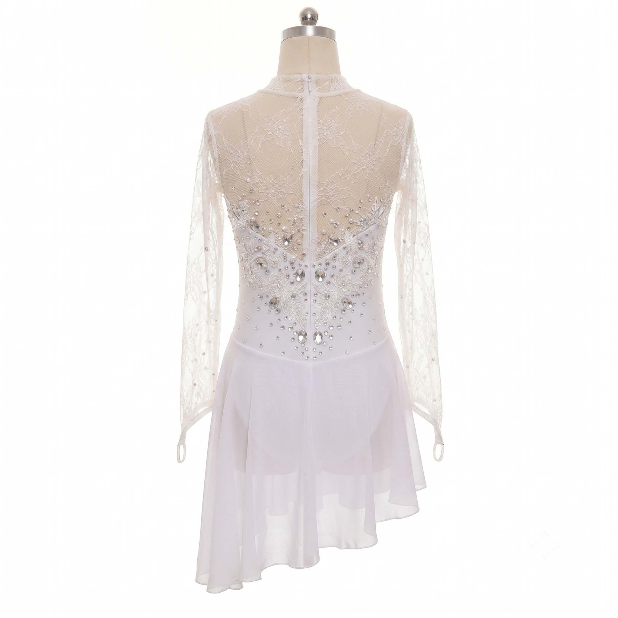 purpleq Vestido de Patinaje Artístico Blanco, Leotardo con Encaje y Pedrería, Traje Elegante Profesional para Competencias de Patinaje sobre Hielo, Danza y Presentaciones
