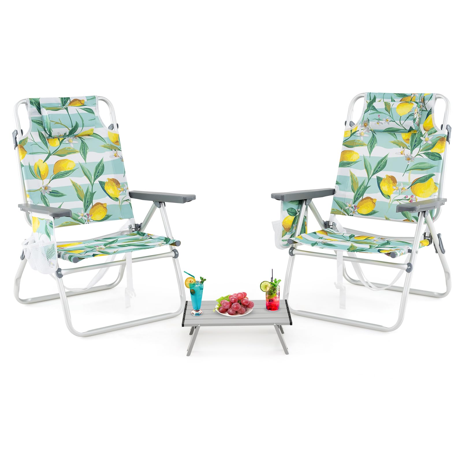 RELAX4LIFE Set di 3 Tavolo e Sedie da Campeggio, Tavolino Pieghevole e 2 Sedie con Schienale Regolabile a 5 Posizioni, Portabicchieri, Borsa da Trasporto, Struttura in Alluminio per Spiaggia (Verde)