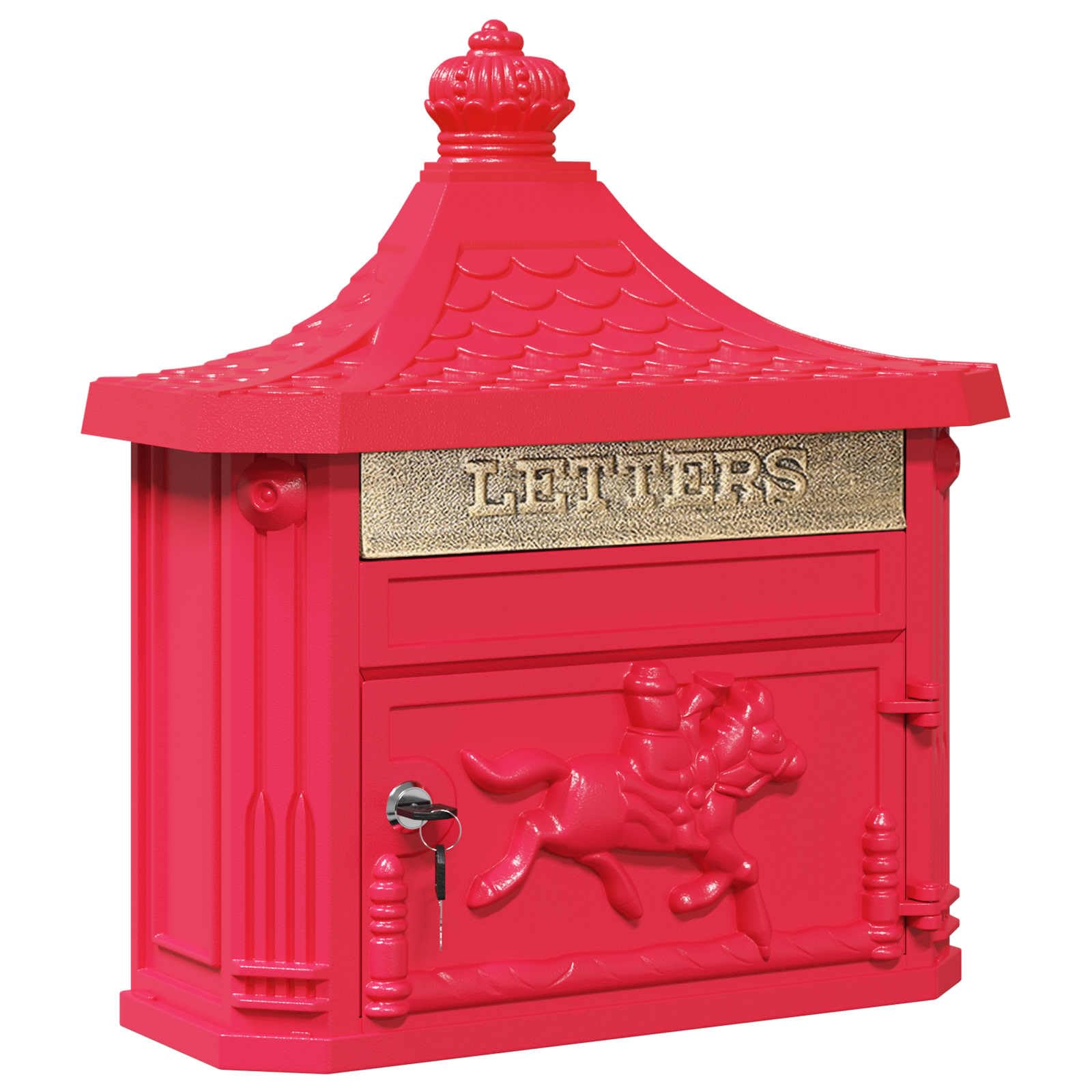 Lockable Vintage,Wall Mounted Mailbox,Red Cast Aluminum with Rain Roof, Outdoor Garden Mailbox for Secure Mail Storage
