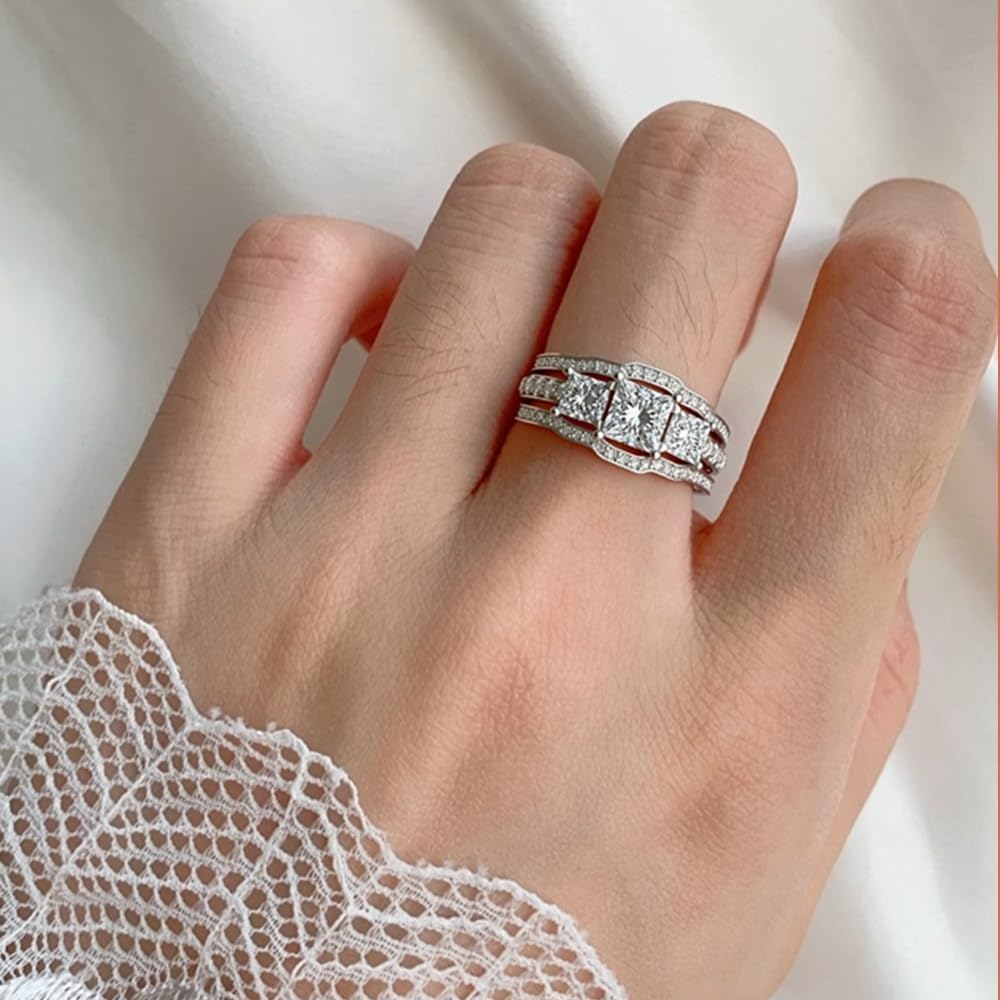 2.8 Ctw Moissanite Princess Cut Wedding Ring Set for Women White Gold 3 Pieces 3 Stone Bridal Ring Set Engagement Ring Set 10K 14K 18K Gold Bridal Set Anniversary Promise Rings for Her