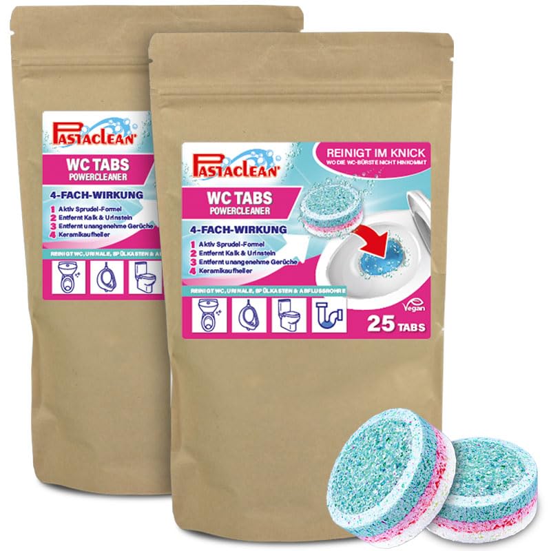 50x Pastaclean WC-Reiniger Tabs - Extra starker Toilettenreiniger für Toiletten, Spülkasten & Urinale – 4-Fach-Wirkung - Mit Aktiv Sprudel-Formel, entfernt Kalk, Ablagerungen, Urinstein & Gerüche