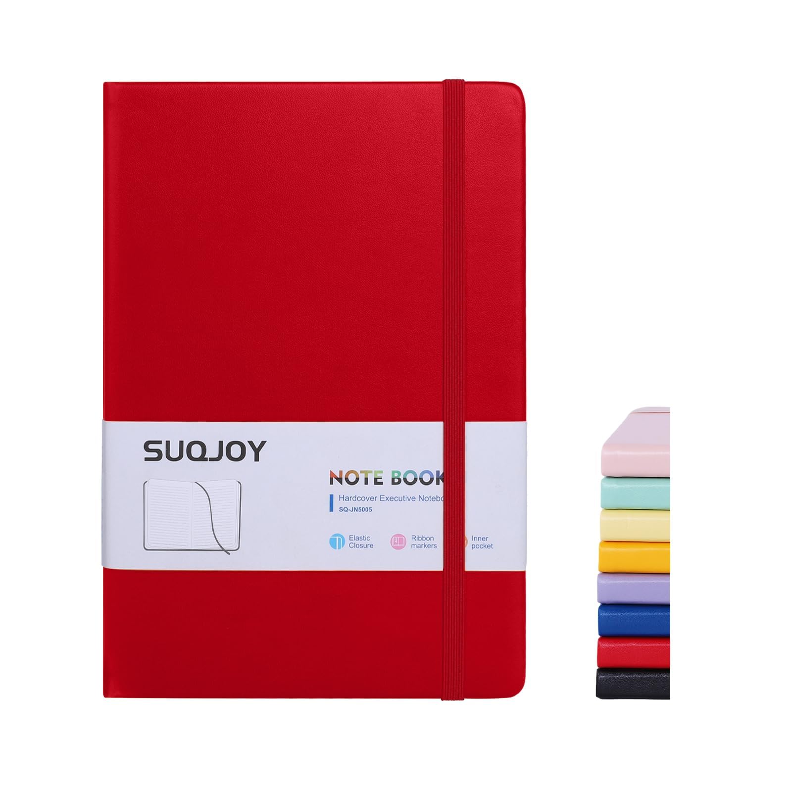 SUQJOY A5 Notebook, Red Hardback Lined Journal Notebook, 1 Pack, 160 Pages, 100gsm Thick Ruled Paper, Elastic Closure, 140 x 210 mm, for Work Office Study and Meeting Notes