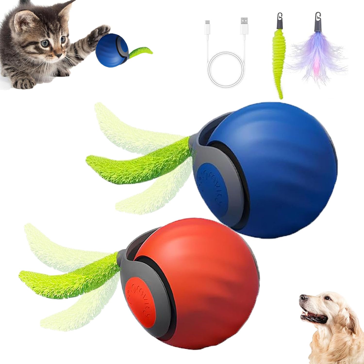 ugdurwp 2Packs Speedy 2.0 Tail Cat Toys for Bored Indoor Adult Cats,2025 New Generation Interactive Cat Toys for Indoor Cats,Automatic Moving Ball with Tail,Blue and Orange