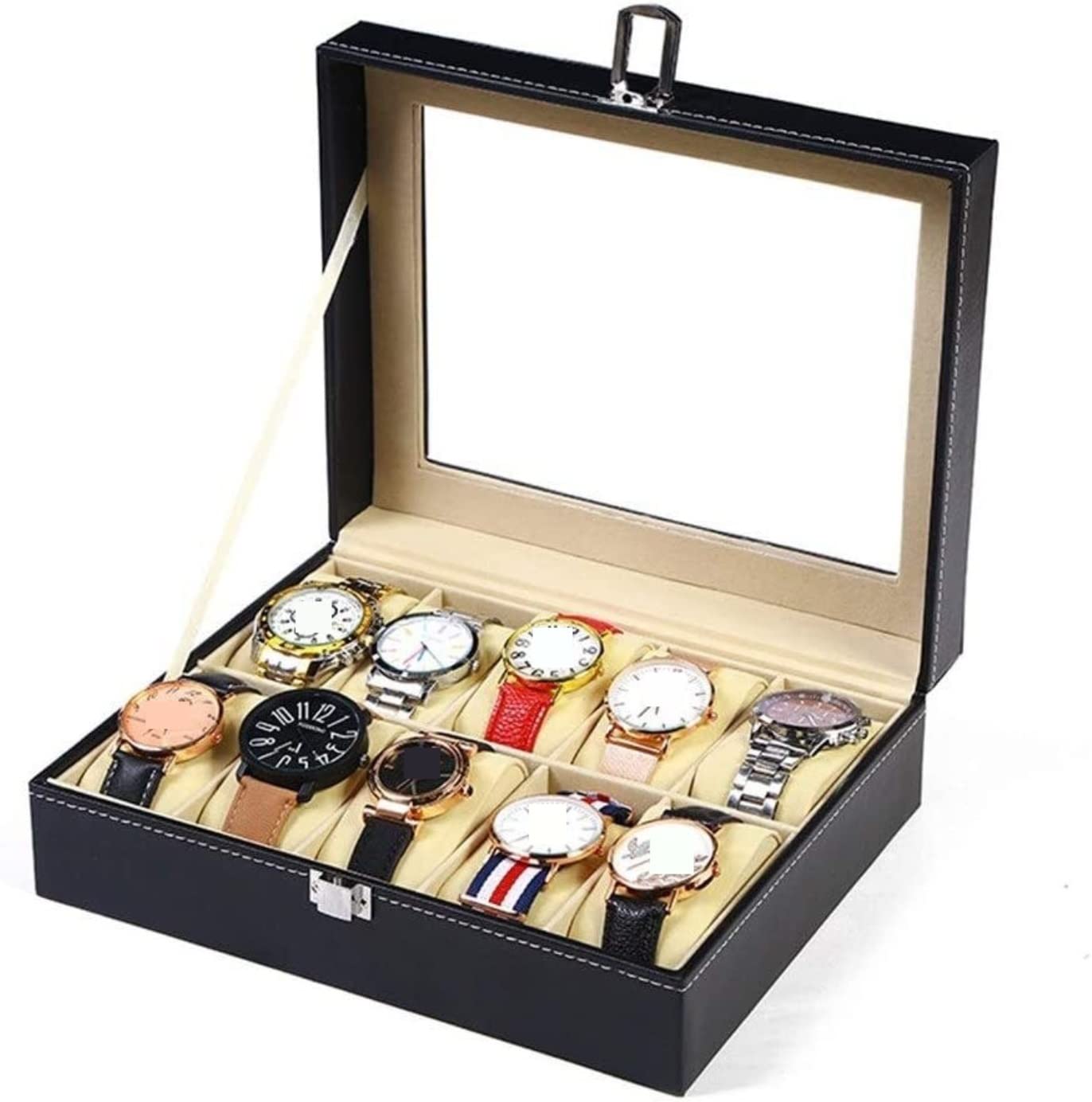 Caja De Reloj Elegante Caja De Colección De Relojes De Cuero PU con 10 Ranuras, Soporte Transparente para Reloj De Pulsera, Caja Organizadora De Almacenamiento Estuche para Relojes