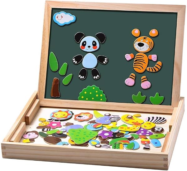 Uping Puzzles en Bois Magnétique 100 Pièces, Tableau Double Face Aimanté, Planche à Dessin Stylos Colorés Craies, Jouet Educatif Enfant 3 Ans Plus - 1