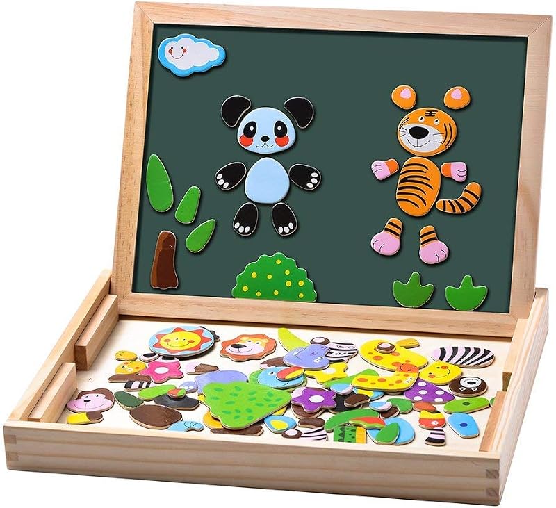 Uping Puzzles en Bois Magnétique 100 Pièces, Tableau Double Face Aimanté, Planche à Dessin Stylos Colorés Craies, Jouet Educatif Enfant 3 Ans Plus