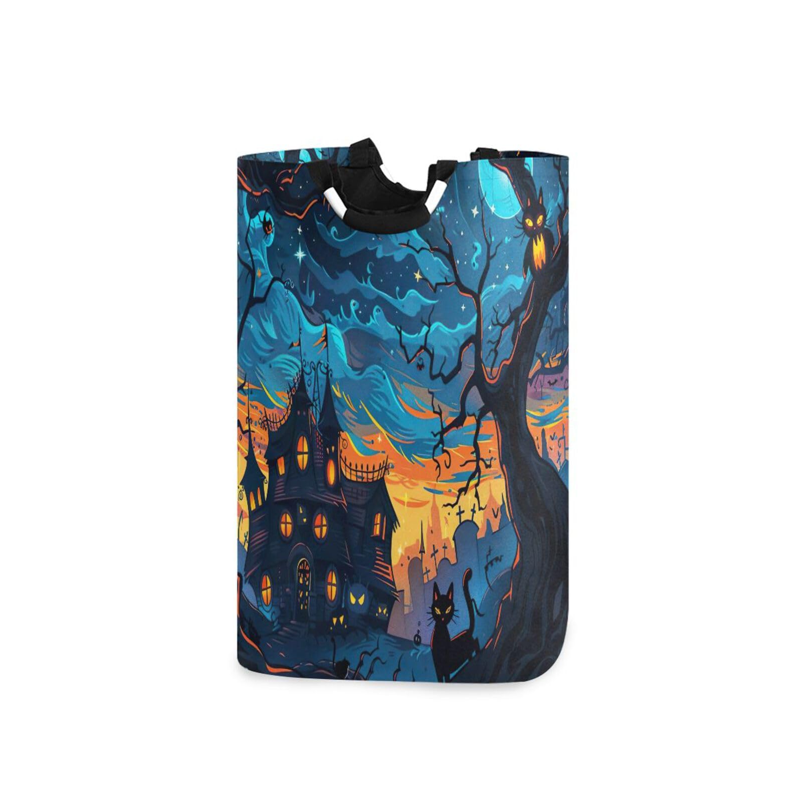 Jihqo Laundry Hamper Basket Halloween Black Cat Collapsible Nursery Storage Bin Waterproof Clothing Baskets for Home Bedroom Bathroom Washing Room