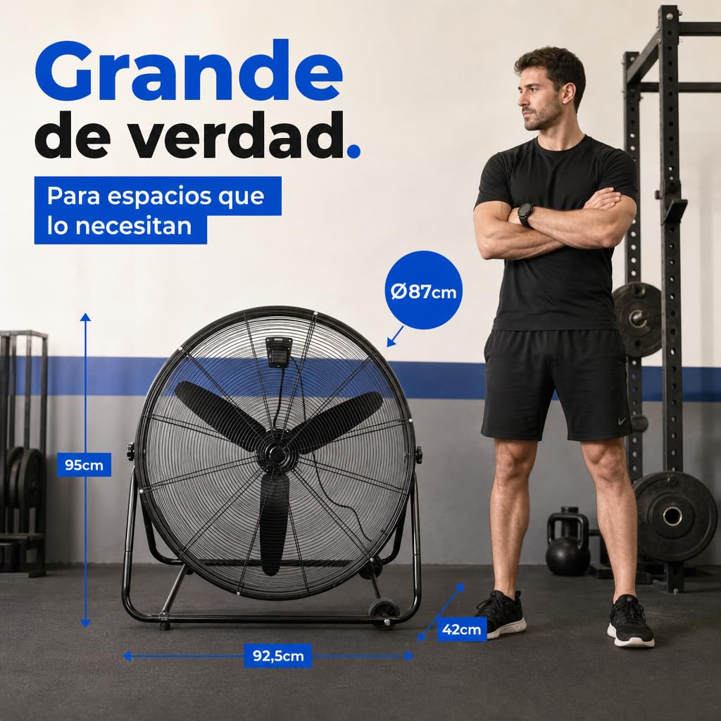 Ventilador Industrial de Suelo con Ruedas 360W, 87cm, 3 Aspas, Negro