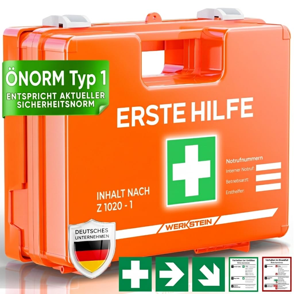 WERKSTEIN® Erste Hilfe Verbandskasten inkl. Wandhalterung [ÖNORM Z1020 TYP 1] - Erste Hilfe Kasten für Betriebe, Zuhause & Einrichtungen - Erste Hilfe Koffer - First Aid Emergency Bag - Sanikasten