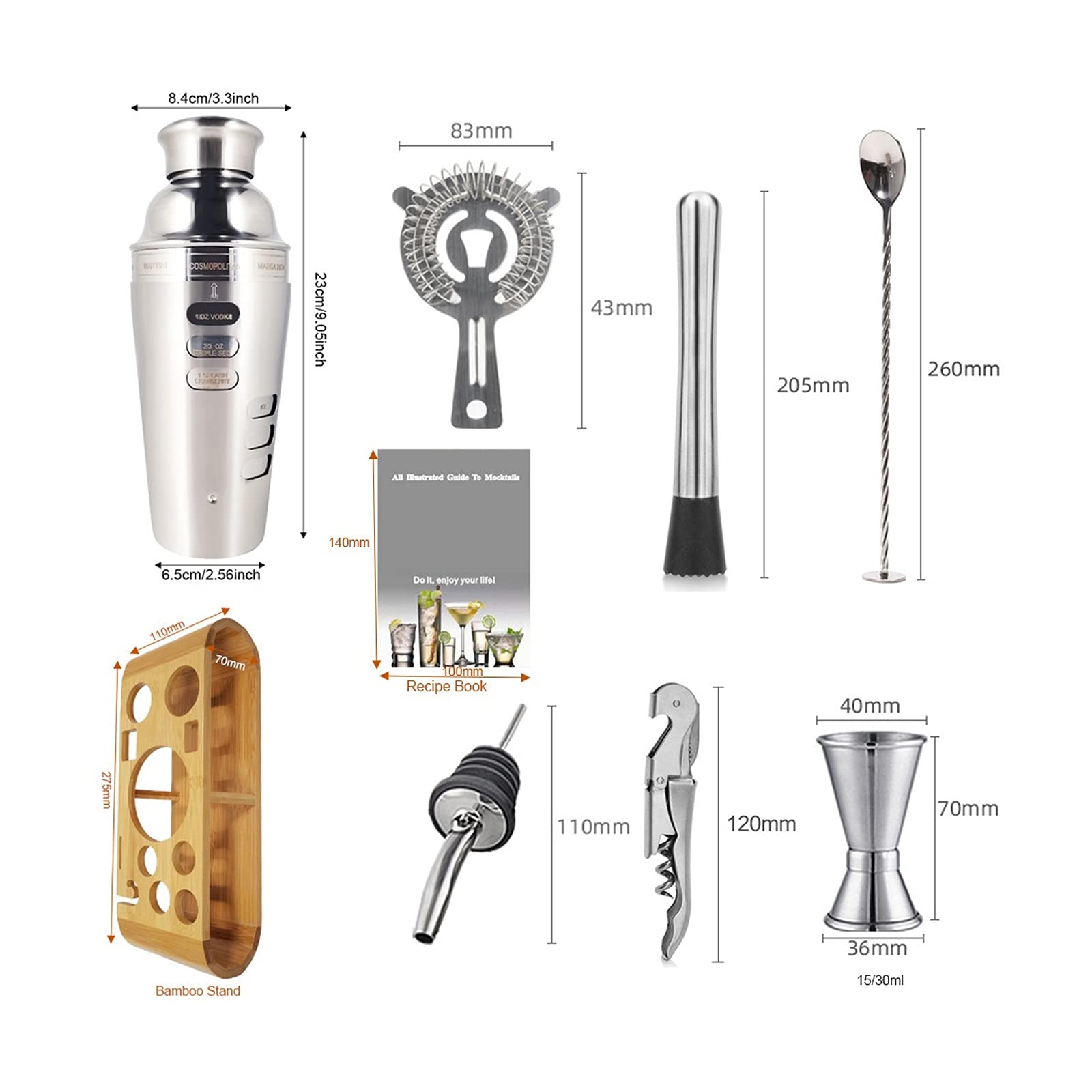 Juego de Coctelera Cocktail Shaker Set Bar Herramientas Barware Bartender Kit Jigger Mezclador Muddler Pourer Cuchara con soporte de bambú Casa Bebida Accesorios de fiesta Agitador de Cócteles