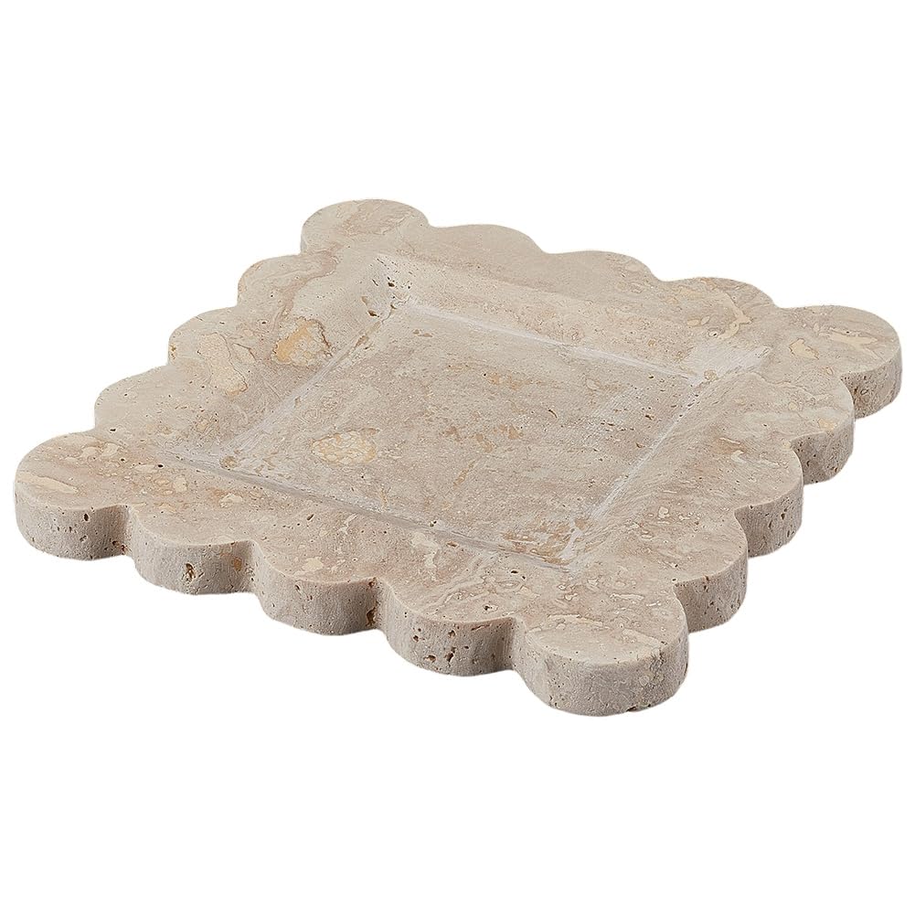 CREATCABIN Bandeja Decorativa de Travertino Bandeja de Mármol para Joyas Bandeja Cuadrada Beige para Tocador de Baño Soporte para Platos de Cocina Borde Festoneado de Almacenamiento 20.3x20.3x1.75cm