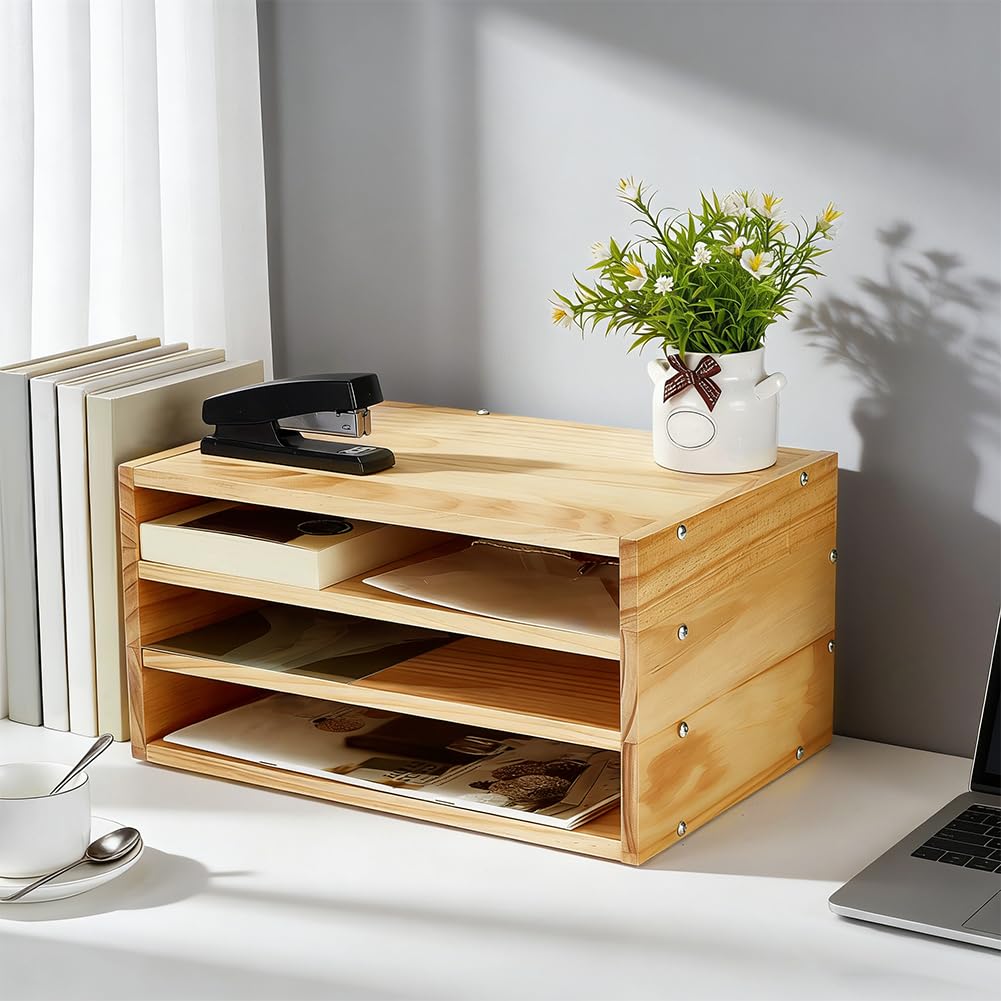 PH PandaHall Organizador de escritorio de madera de 3 niveles porta documentos y bandeja para cartas, clasificador de archivos y estante de mesa, práctico para guardar papel y correo para oficina, 35