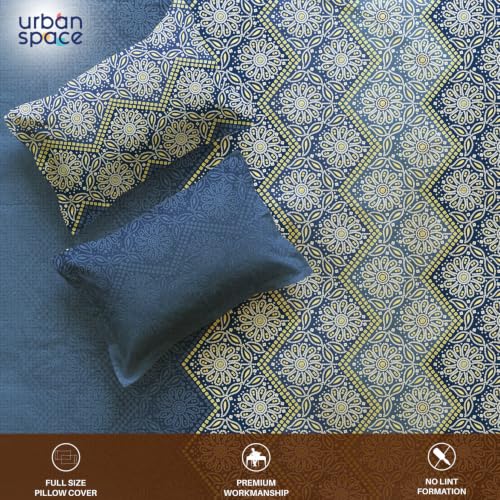 Image of Urban Space Serene 300TC 100% Cotton King Size Bedsheet, Panel Design Super Soft Bed Sheet for King Size Bed, King bedsheet with 2 Pillow Covers (108 inch x 108 inch, Lehriya Blue)