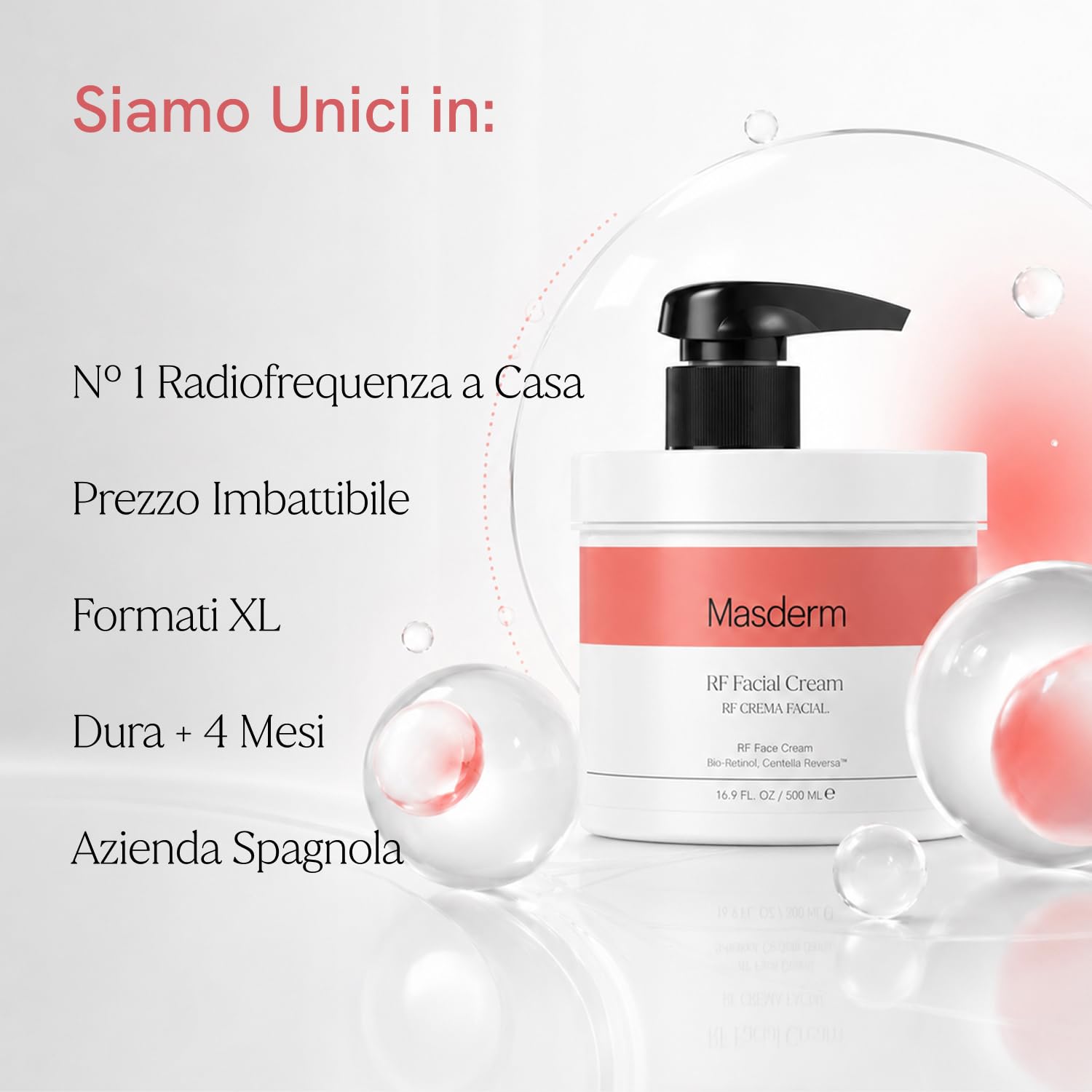 MASDERM - Crema Viso Radiofrequenza Idratante 500 ml, Gel Conduttore Professionale con Acido Ialuronico e Collagene, Crema Antirughe Rassodante Donna, Trattamento Antieta per Pelle Soda e Morbida