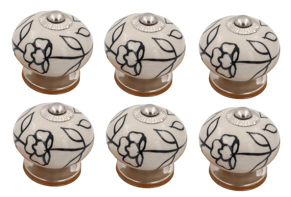 THDC Hand Painted Vintage Cabinet Knob (Set of 6) - Black Line Flower