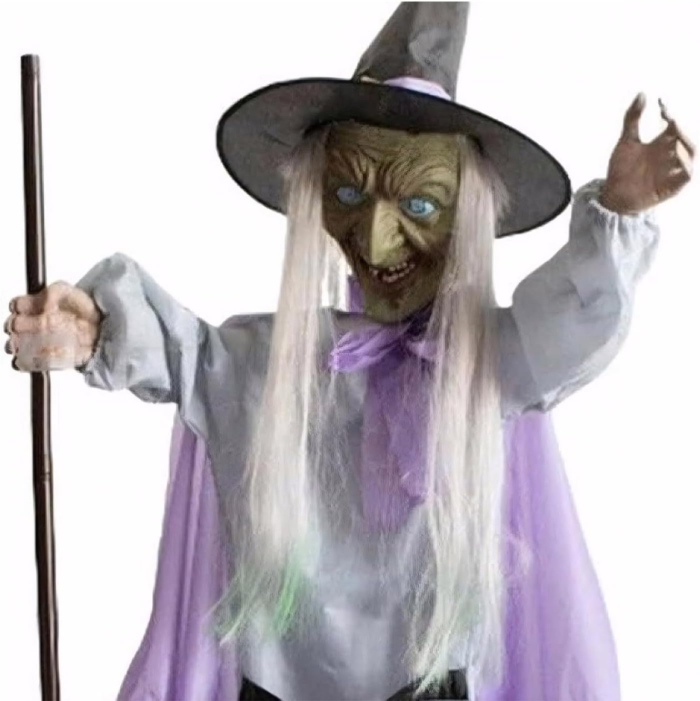 Halloween Flying Witch Decor, 6 FT Animatronic Witch on Broom with Light-up Eyes and Scary Sound, Horror Animated House Decor for Garden Yard Lawn Outdoor Indoor B