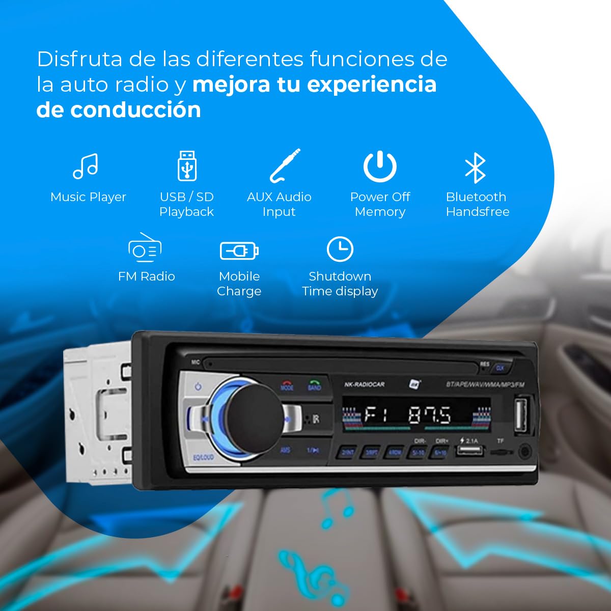 Radio samochodowe NK Auto - 1 DIN - 4x40W - Bluetooth 4.0, AUX, odtwarzacz MP3 i podwójny port USB, dźwięk stereo FM, zestaw głośnomówiący, pilot zdalnego sterowania, wyświetlacz LCD, iOS & Android
