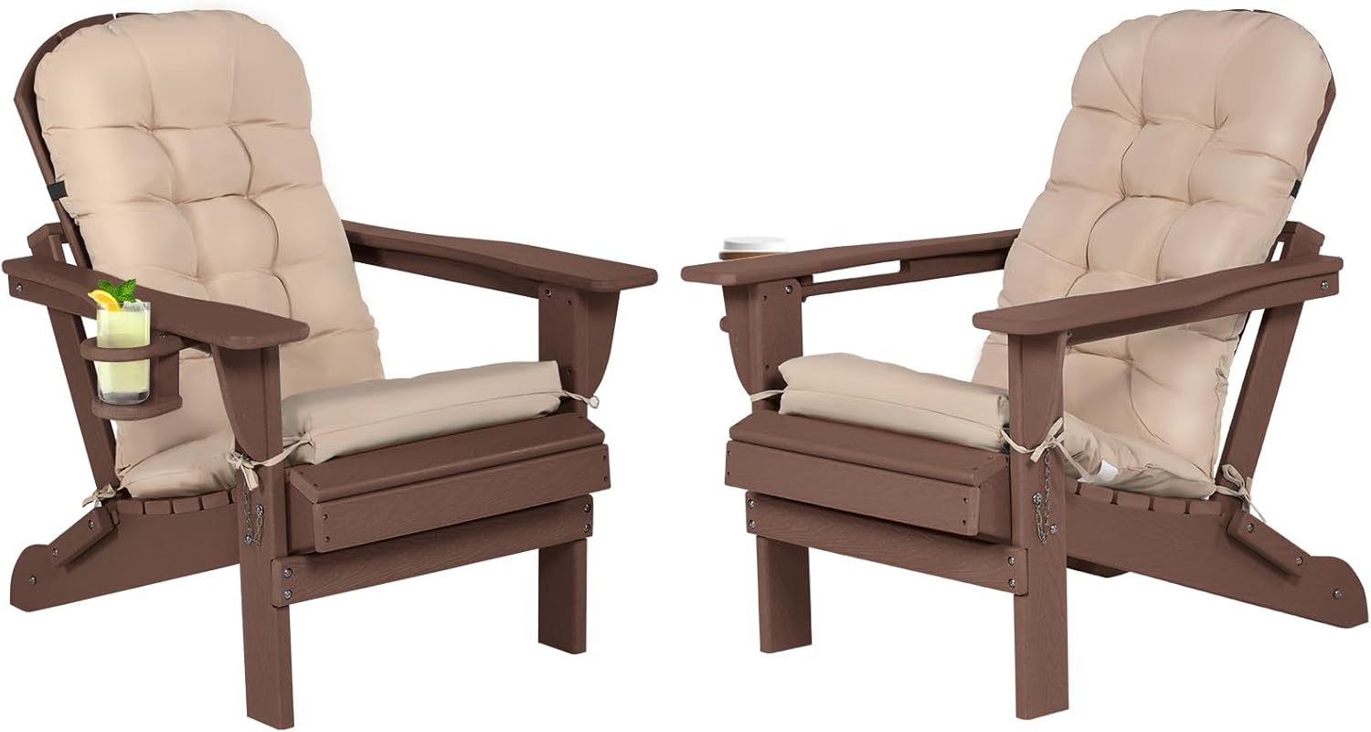 Adirondack Chair Set of 2 with Cushion & Cup Holder, HDPE Folding Adirondack Chairs with Wood-Like Grain Outdoor Fire Pit Chairs for Patio/Porch/Swimming Pool/Camping