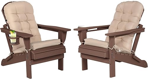 Adirondack - Juego de 2 sillas Adirondack con cojín y soporte para tazas, sillas plegables Adirondack de polietileno de alta densidad con grano