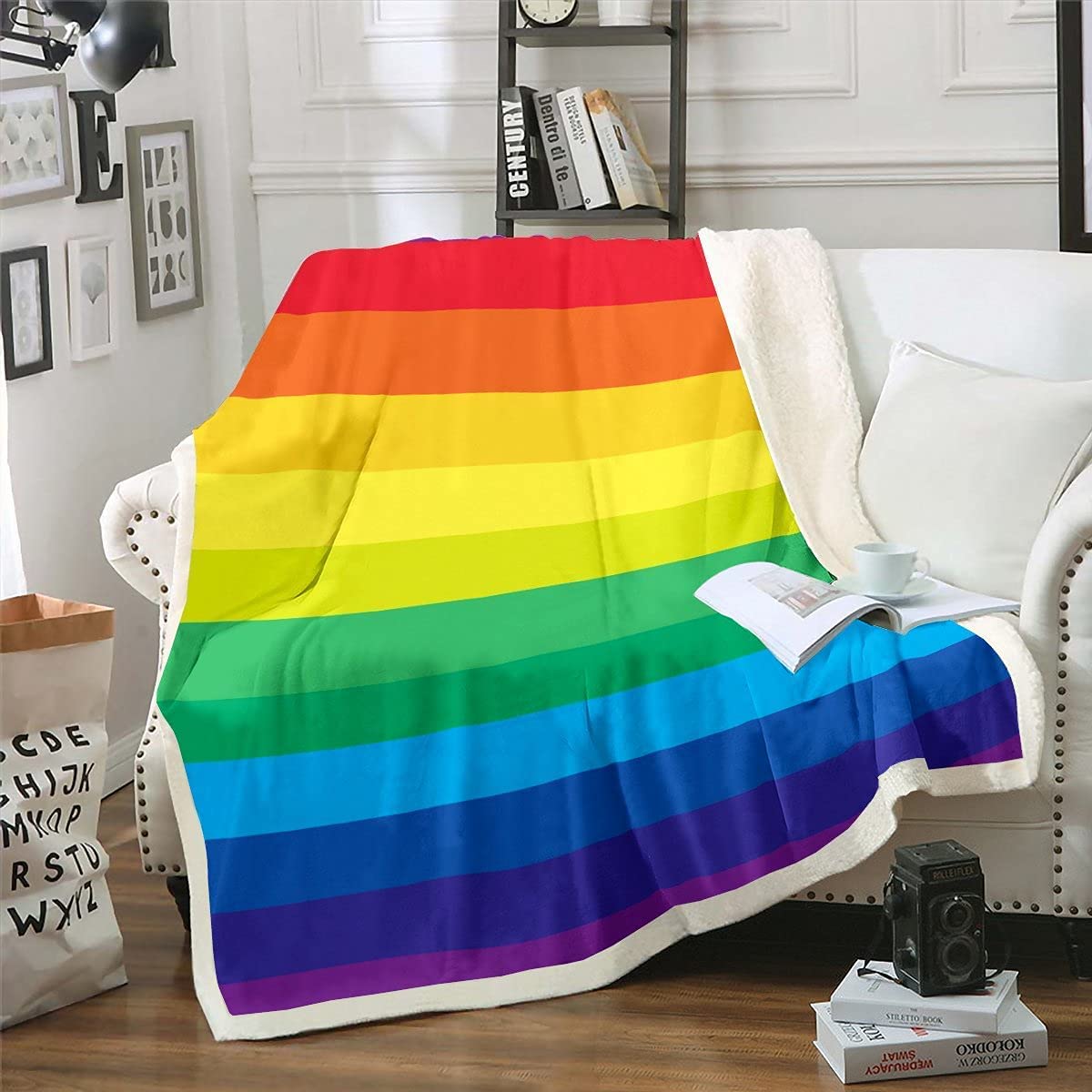 Homemissing Rainbow Striped Fleece Blanket - Double 60x79 Inch, Colorful For Girls