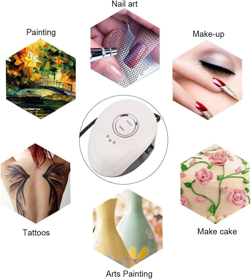 Examples of airbrush applications including painting, nail art, makeup, temporary tattoos, and cake decorating.
