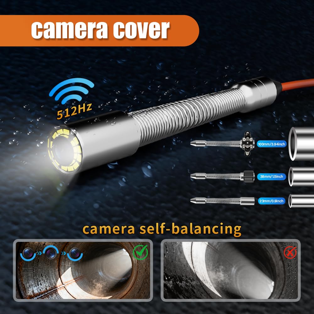 AHD 9"Borescope,Endoscopio Industrial,Camara Inspeccion Tuberias,Sonda Acero Inoxidable 23mm,Contador Metros,Transmisor 512HZ Autoequilibrado,12 Lamparas LED Blancas,Inspeccion Tuber(Size:50 M/164 FT)