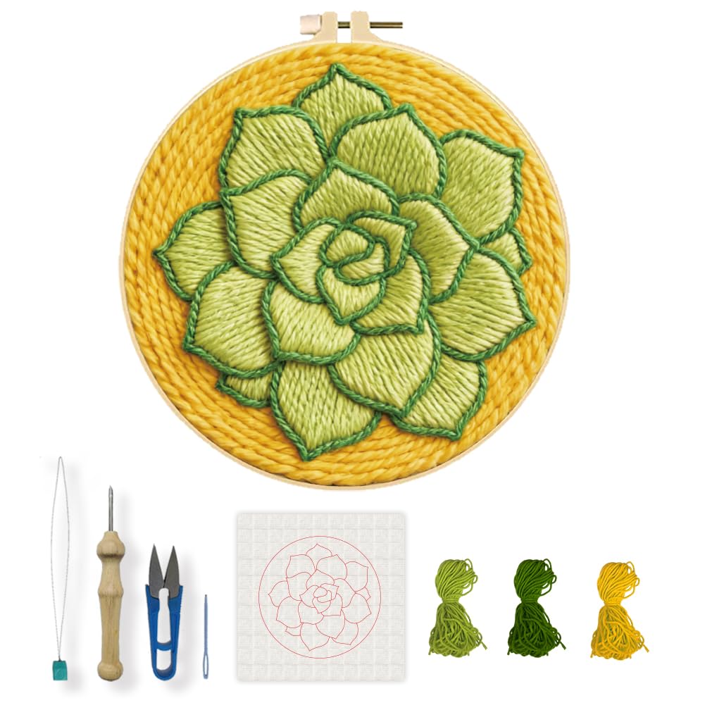 INFUNLY Succulent Punch Needle Embroidery Kit 8.7" DIY Punch Embroidery Kit for Adults Potted Plant Needlepoint Starter Set Round Needles Stitching Kits with Instruction for DIY Craft Lovers Gift — image 1