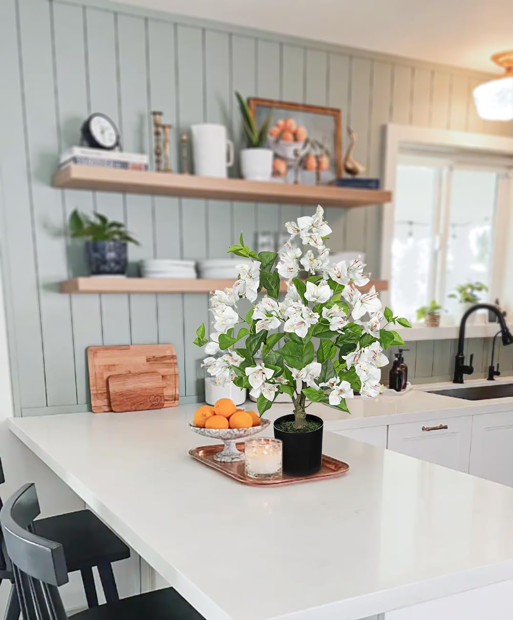 Kunstblumen Frühling Deko 67 cm Künstliche Bougainvillea im Topf | Künstlicher Drillingsblume Weiß Künstliche Frühlingblumen Dekoblumen für Tisch Wohnzimmer Schlafzimmer Deko
