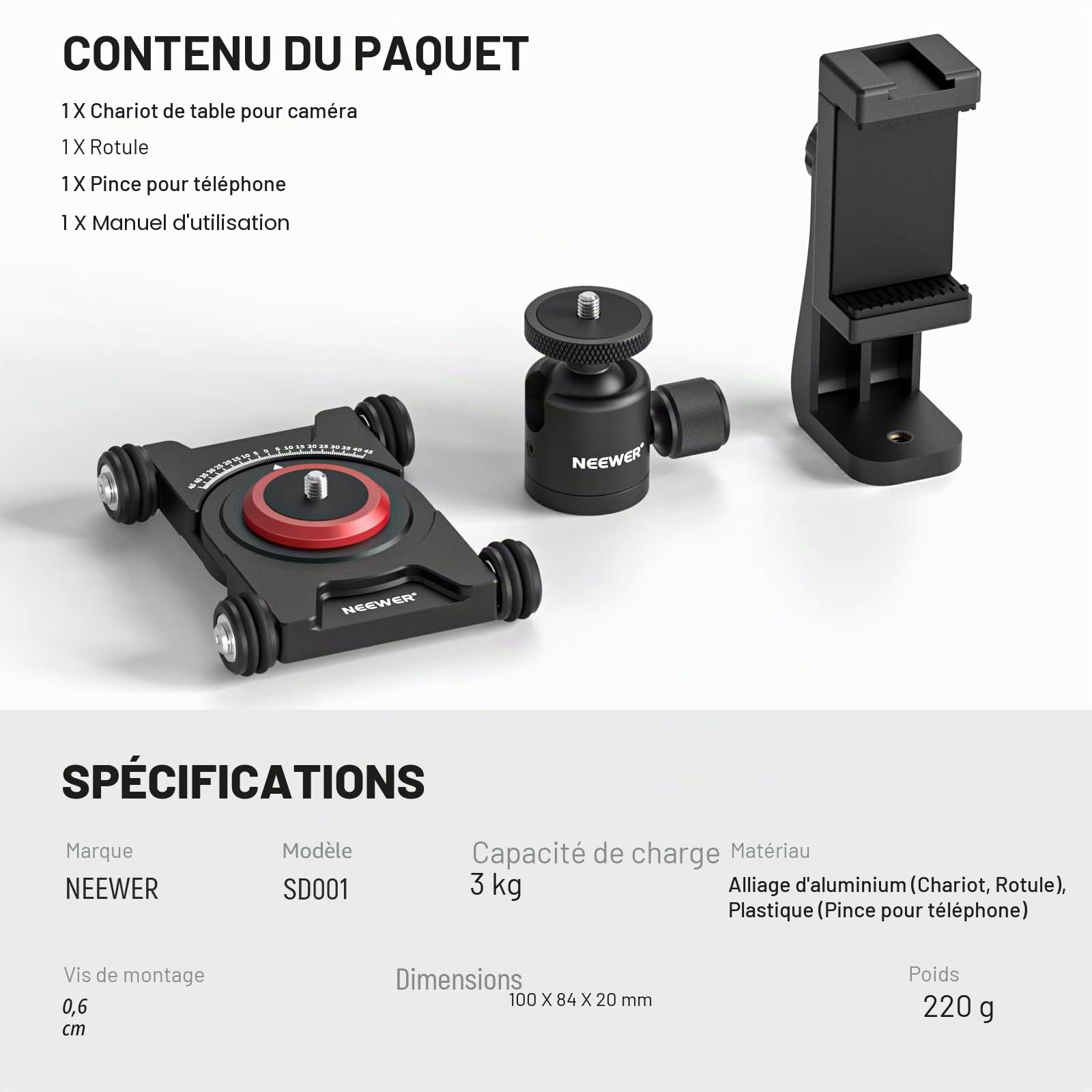 NEEWER Dolly SD001 Appareil Photo Coulissant avec rotule et Pince pour téléphone Portable 4 Roues panoramique à 360° Compatible avec caméra sans Miroir Mini Caméscope GoPro iPhone et téléphones