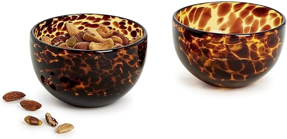 Two's Company Set of 2 Tortoise Print Tidbit Bowl, Glass, 4-inch Diameter, Kitchen Serveware and Accessories