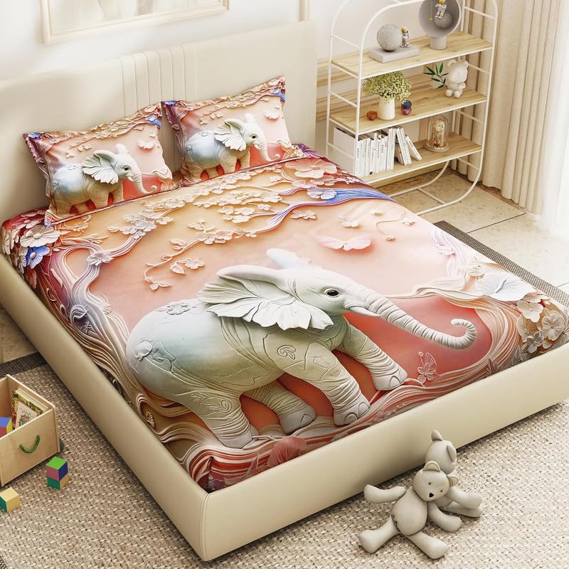 Image of Akshya Modern 7D Digital Printed Bedding Set - Glace Cotton Double Bed Sheet, 300 TC Fade-Resistant King Size Flat Sheet Pink Elephant