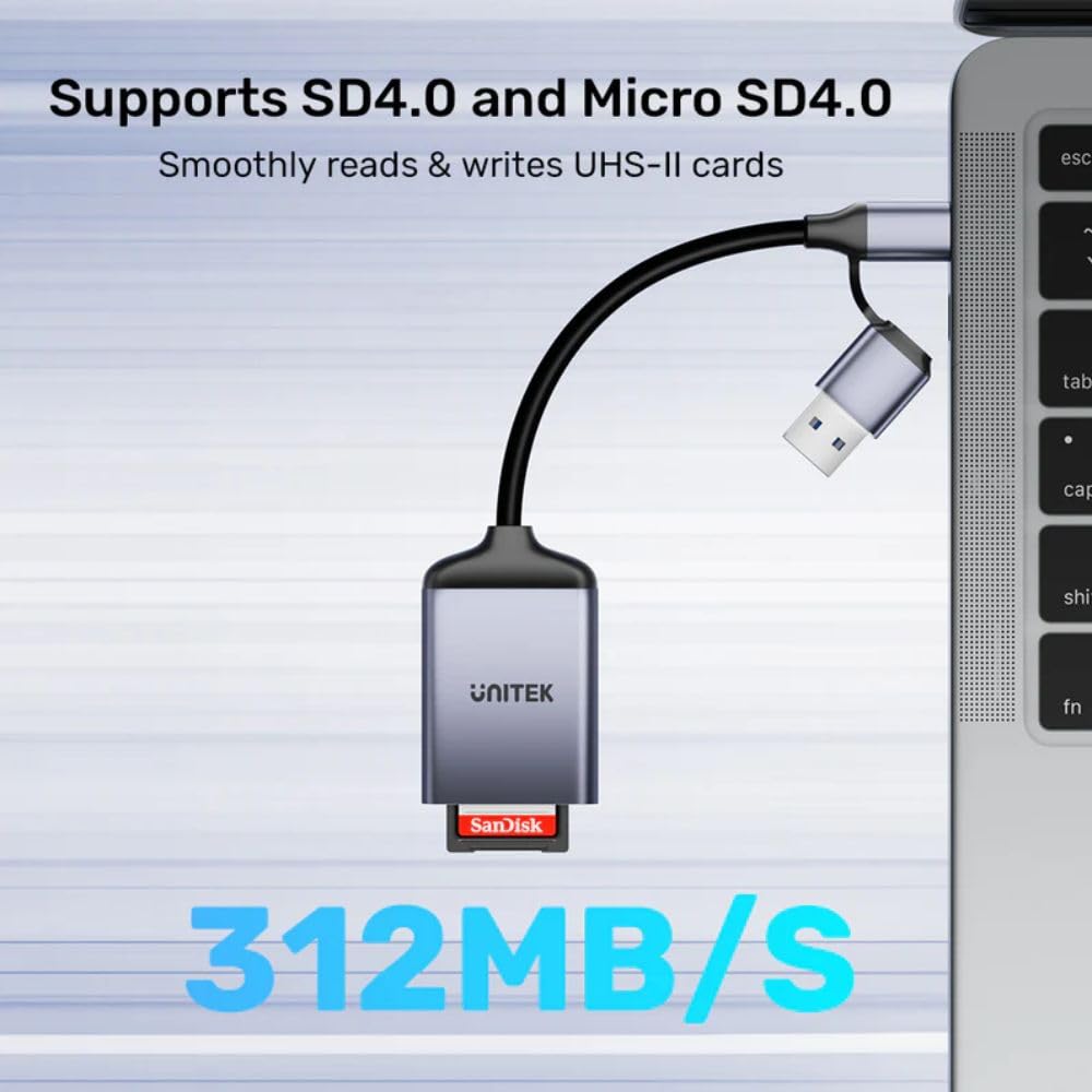 UNITEK - Lector de tarjetas de memoria SD 4.0 / Micro SD 4.0 - USB-C/USB-A