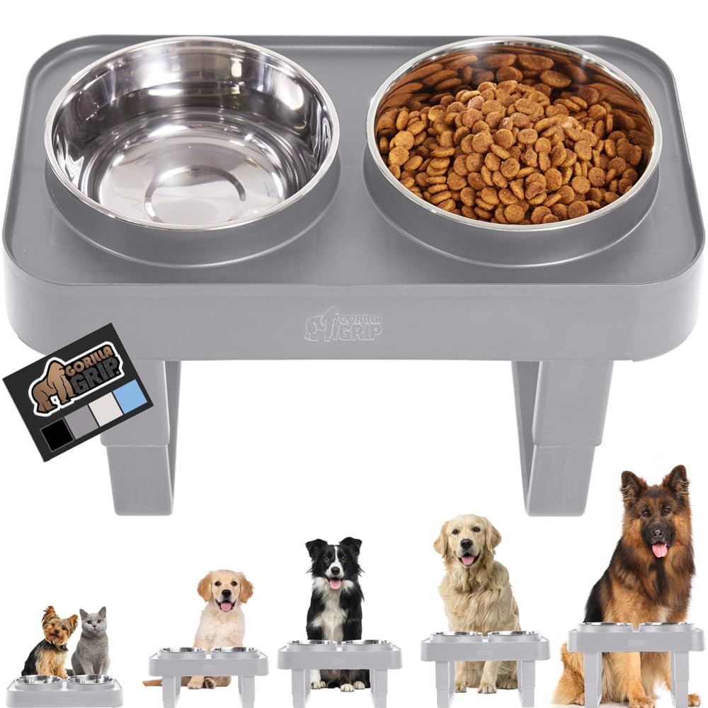 GORILLA GRIP Elevated Dog Bowls Stand, 6 Cup Stainless Steel Food Bowl Set of 2, 5 Height Adjustable Raised Feeding Station for Small Breed Puppy Dogs and Cats, Medium, Large Sized Pets Feeder, Gray