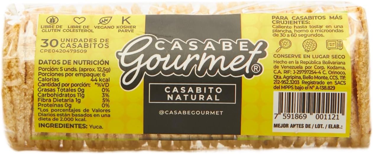 Casabe Gourmet Casabito, Casabe Cracker – 1 Box of 12 packs of Cassava Bread of 30 units each pack (70g). 100% Yuca Root, Vegan, Gluten-Free and Cholesterol Free made in Venezuela (840g TOTAL).