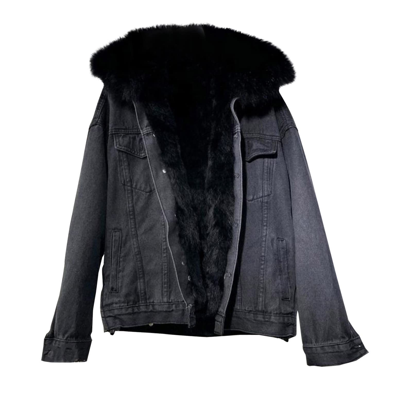 Womens Thicken Fleece Lined Denim Jacket Warm Winter Jean Coats Outerwear  2022 Fashion Jackets with Faux Fur Hood