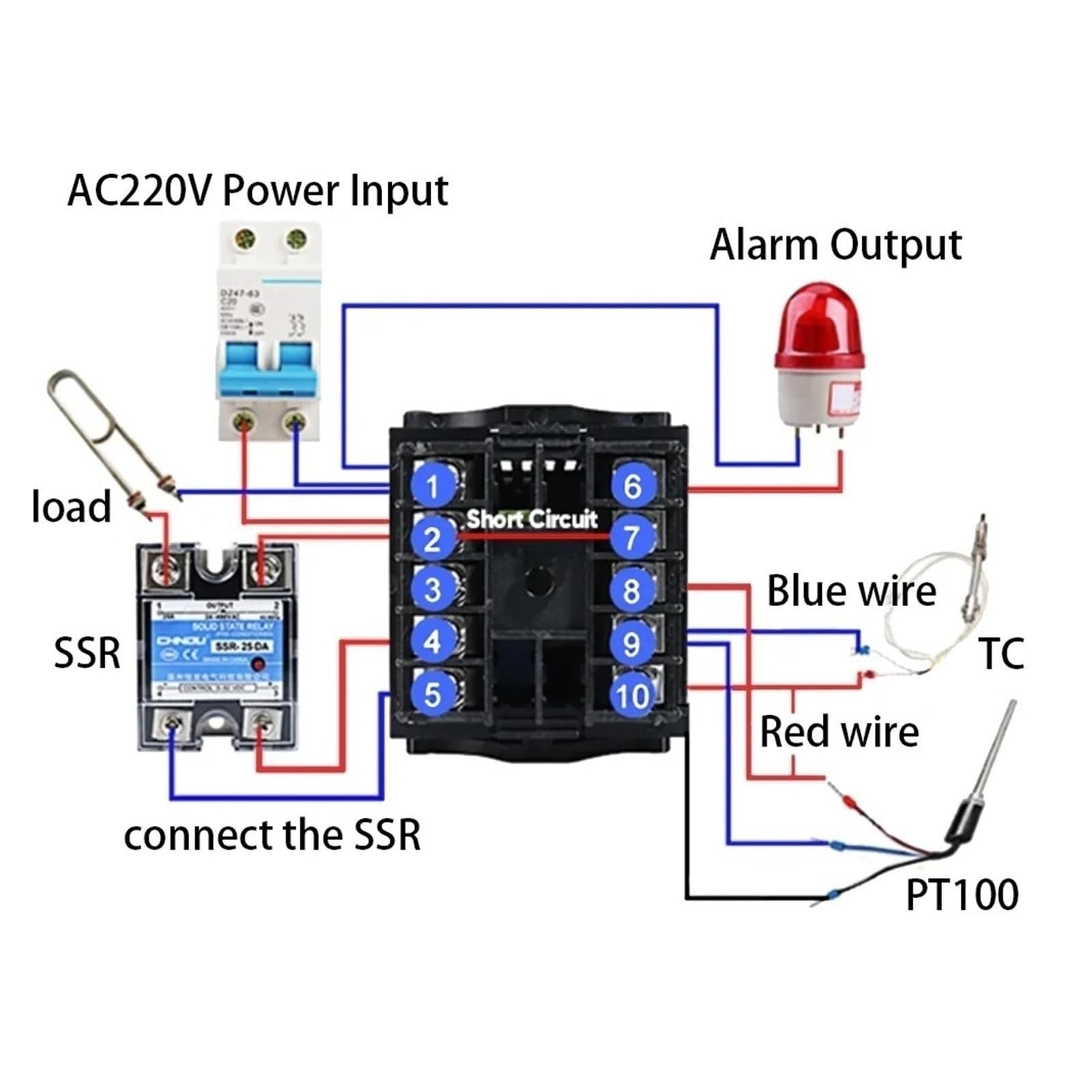 REX-C100 - Controlador de temperatura PID, CA 100-240 V, salida SSR/relé, con termopar M6 tipo K, juego de termostato de alta precisión (juego de controlador, salida SSR)
