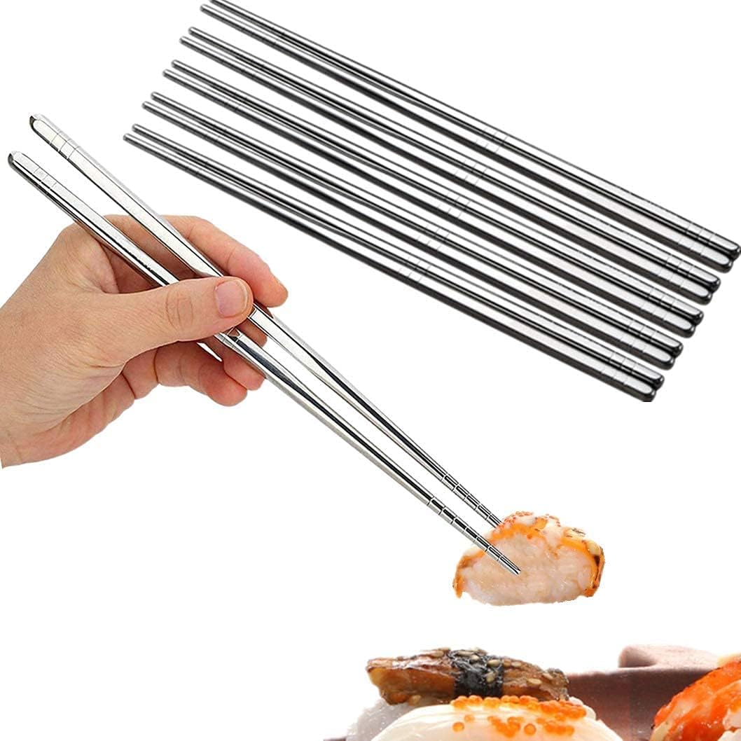 NKULTURE 5 Pairs Reusable Metal Stainless Steel Plain Chopsticks Dishwasher Safe Lightweight Easy to Use Metal Chop Stick Utensils